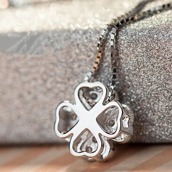 Sterling Silver Four-Leaf Clover Zirconia Pendant Necklace - Picture 3 of 8